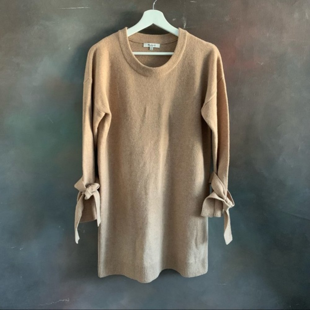 Madewell Tie Cuff Sweater Dress Merino Wool Bell Sleeves Women's Size Small Tan